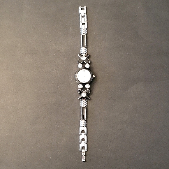 Floral Silver-tone & Black Enamel Watch with Sparkling Crystals! - Picture 9 of 14
